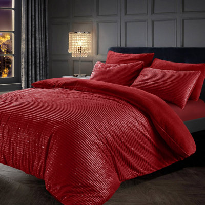 Velosso Glitter Corduroy Teddy Warm And Cosy Duvet Cover And Pillowcase Set - Red