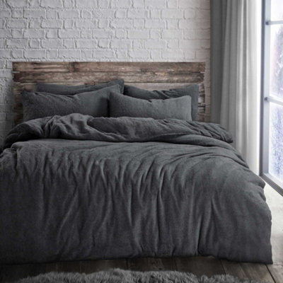 Velosso Plain Teddy Warm And Cosy Duvet Cover And Pillowcase Set - Charcoal