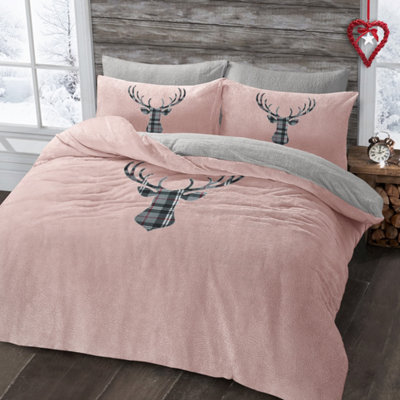 Velosso Stag Head Teddy Warm And Cosy Duvet Cover And Pillowcase Set - Pink