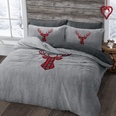 Velosso Stag Head Teddy Warm And Cosy Duvet Cover And Pillowcase Set - Silver