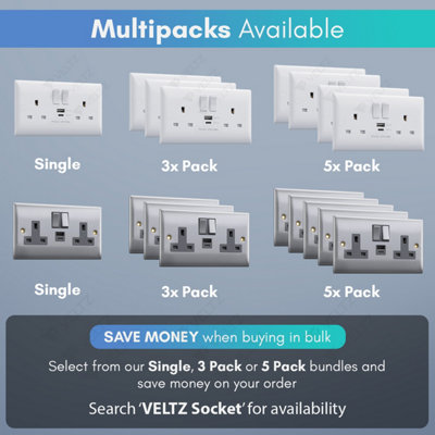 VELTZ USB C & A Socket, 20W PD USB-C & 18W QC 4.0 USB-A, Super Fast Charging, Double Plug Wall Socket 13A 2 Gang, Brushed Steel