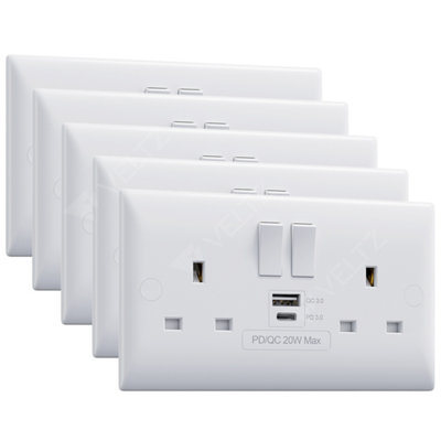 VELTZ USB C & A Socket, 20W PD USB-C & 18W QC 4.0 USB-A, Super Fast Charging, Double Plug Wall Socket 13A 2 Gang, White, 5 Pack Price Comparisons | Compare The Build