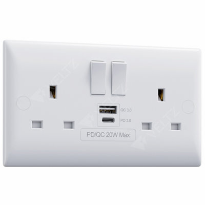 VELTZ USB C & A Socket, 20W PD USB-C & 18W QC 4.0 USB-A, Super Fast Charging, Double Plug Wall Socket 13A 2 Gang, White