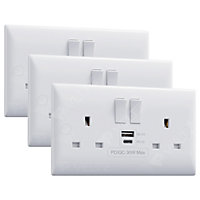 VELTZ USB C & A Socket, 30W PD USB-C & 18W QC 4.0 USB-A, Super Fast Charging, Double Plug Wall 13A 2 Gang, White, 3 Pack