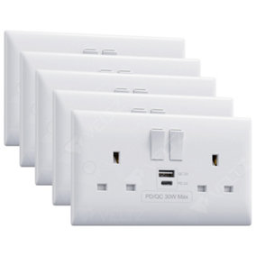 VELTZ USB C & A Socket, 30W PD USB-C & 18W QC 4.0 USB-A, Super Fast Charging, Double Plug Wall 13A 2 Gang, White, 5 Pack