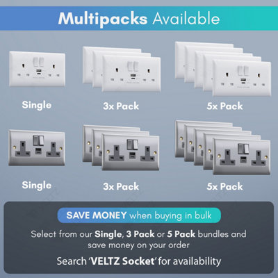 VELTZ USB C & A Socket, 30W PD USB-C & 18W QC 4.0 USB-A, Super Fast Charging, Double Plug Wall 13A 2 Gang, White, 5 Pack