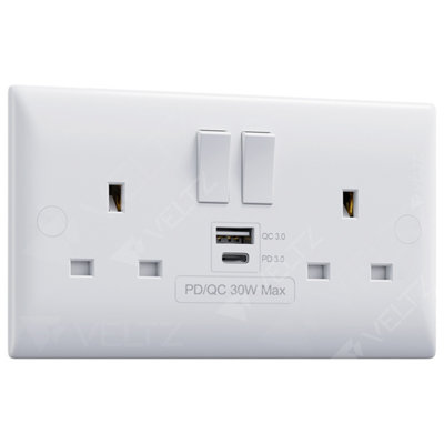 VELTZ USB C & A Socket, 30W PD USB-C & 18W QC 4.0 USB-A, Super Fast Charging, Double Plug Wall 13A 2 Gang, White