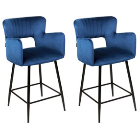 Velvet Bar Chair Set of 2 Navy Blue SANILAC