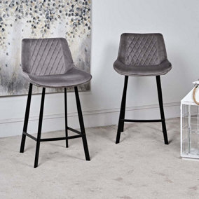 Velvet bar stool in grey with foot rest and black metal legs - Chase set or 2 Bar Stool - Light Grey
