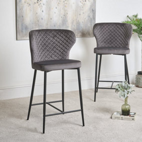 Velvet bar stool retro style in grey with black legs and foot rest - Harley Bar Stool (Set Of 2)  Grey