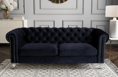 Velvet Black 3 Seater Chesterfield Sofa With Acrylic Feet