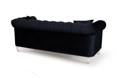 Velvet Black 3 Seater Chesterfield Sofa With Acrylic Feet