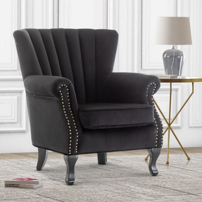 Bedroom Chair Velvet Accent Chair, Modern Wingback Arm Chair With Metal  Gold Legs, Velvet Tufted Upholstered Single Sofa Chair For Living Room  Bedroom, Dining Room Accent Arm Chairs Club Guest Chair (Black, image size:1200x1200
