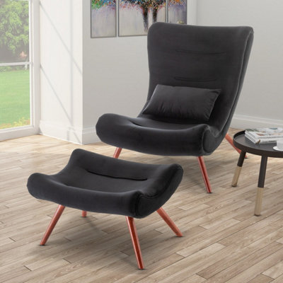 Velvet Black Katia Accent Chair with Footstool