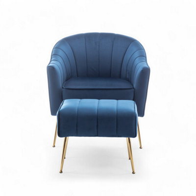 Velvet Blue Barcelona Accent Chair with Footstool