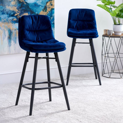 Velvet breakfast bar stool with foot rest in retro style -  Enderson Bar Stool - Dark Blue (Set of 2)