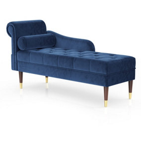 Velvet Chaise Longue, Indoor Lounge Sofa with Left Armrest and Lumbar Pillow (Blue)
