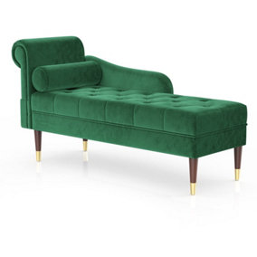 Velvet Chaise Longue, Indoor Lounge Sofa with Left Armrest and Lumbar Pillow (Green)