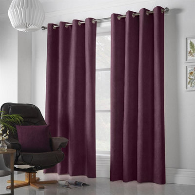 Velvet Chenille Ring Top Curtains 142cm x 137cm Aubergine