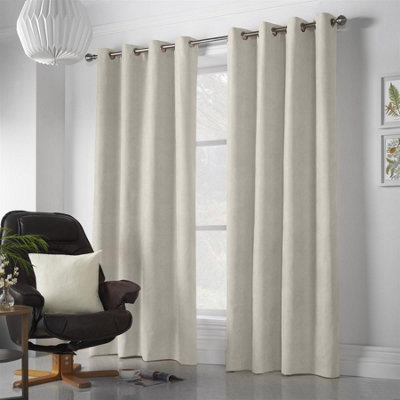 Velvet Chenille Ring Top Curtains 142cm x 137cm Cream