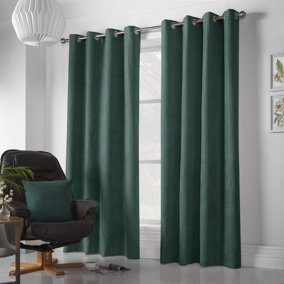 Velvet Chenille Ring Top Curtains 142cm x 183cm Green