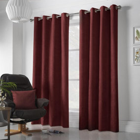 Velvet Chenille Ring Top Curtains 142cm x 183cm Red