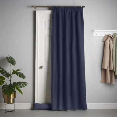 Velvet Chenille Thermal Fleece Lined Pencil Pleat Top Door Curtain 137cm x 213cm Navy