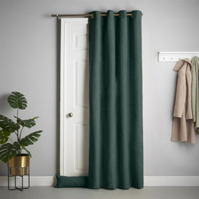 Velvet Chenille Thermal Fleece Lined Ring Top Door Curtain 137cm x 213cm Green