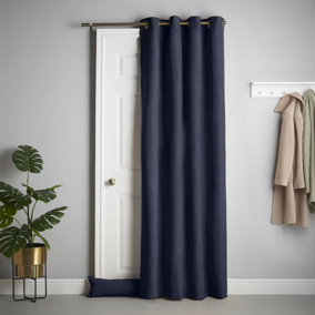 Velvet Chenille Thermal Fleece Lined Ring Top Door Curtain 137cm x 213cm Navy