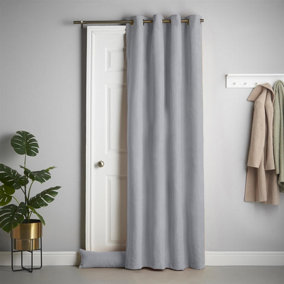 Velvet Chenille Thermal Fleece Lined Ring Top Door Curtain 137cm x 213cm Silver