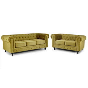 Velvet Chesterfield 2 & 3 Seater Sofa Set - Olive Green