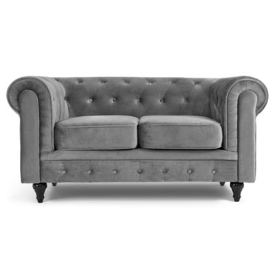 Velvet Chesterfield 2 Seater Sofa - Grey