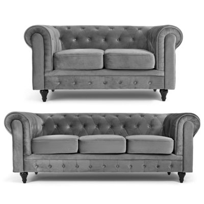 Velvet Chesterfield 2 Seater Sofa - Grey