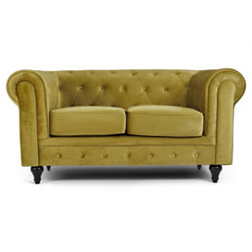 Velvet Chesterfield 2 Seater Sofa - Olive Green