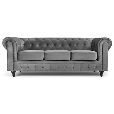 Velvet Chesterfield 3 Seater Sofa - Grey