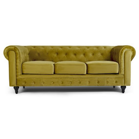 Velvet Chesterfield 3 Seater Sofa - Olive Green