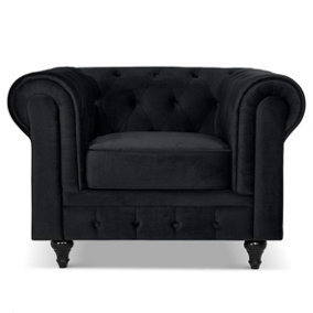 Velvet Chesterfield Arm Chair - Black