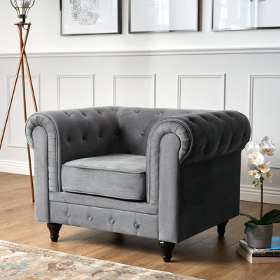 Velvet Chesterfield Arm Chair - Grey | DIY at B&Q 
