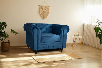 Velvet Chesterfield Arm Chair - Navy Blue