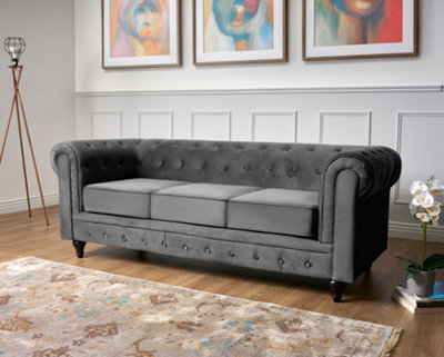 Velvet Chesterfield Sofa Suite - 2 & 3 Seater Set - Grey