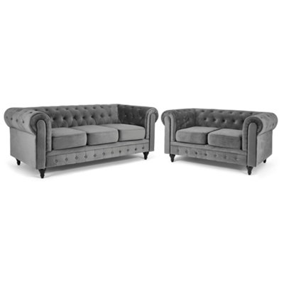 Velvet Chesterfield Sofa Suite - 2 & 3 Seater Set - Grey