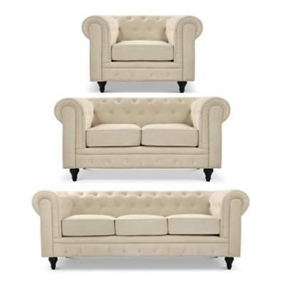 Velvet Chesterfield Sofa Suite Arm Chair, 2 Seater & 3 Seater - Cream