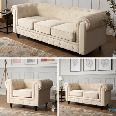 Velvet Chesterfield Sofa Suite Arm Chair, 2 Seater & 3 Seater - Cream