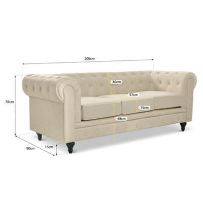 Velvet Chesterfield Sofa Suite Arm Chair, 2 Seater & 3 Seater - Cream
