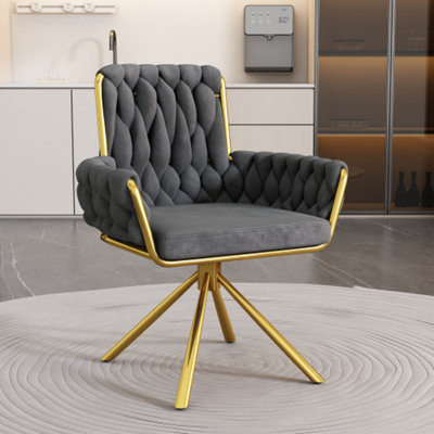 Velvet Dining Chair, Armchair, Single Luxurious Living Room and Bedroom Swivel Chair with Four Metal Support Legs, Gray