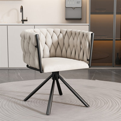 Velvet Dining Chair, Single Light Luxury Swivel Chair, Leisure Swivel Chair with Four Metal Support Legs, Beige