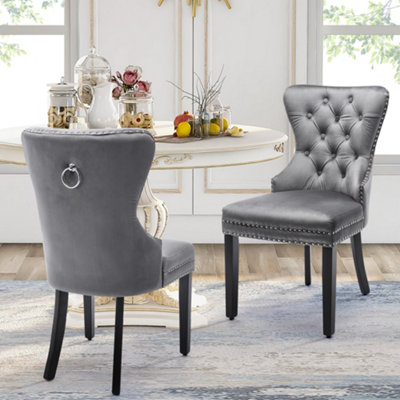 Velvet Dining Chairs Set of 2 with Oak Legs, Button Back, and Chrome Knocker for Kitchen, Living Room, or Bedroom (Grey)