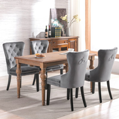 Velvet Dining Chairs Set of 4 with Oak Legs, Button Back, and Chrome Knocker for Kitchen, Living Room, or Bedroom (Grey)