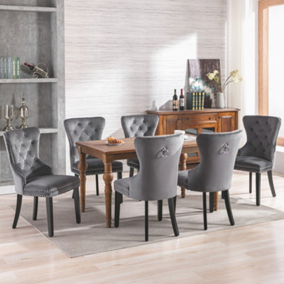 Velvet Dining Chairs Set of 6 with Oak Legs, Button Back, and Chrome Knocker for Kitchen, Living Room, or Bedroom (Grey)