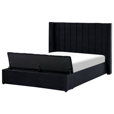 Velvet EU Double Size Bed with Storage Bench Black NOYERS